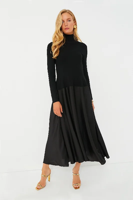 Women's midi dress romantic -Black Frances Long Sleeve Satin Combo Midi Dress