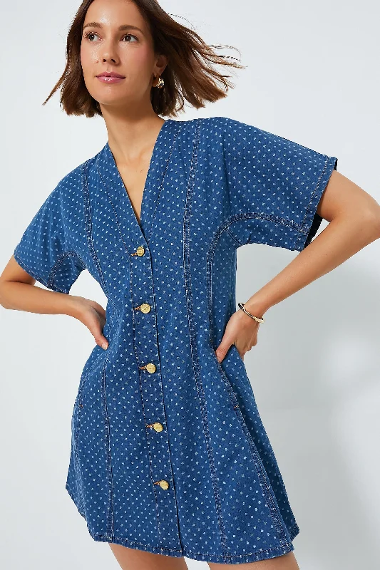 Ladies mini dress brunch -Mid Blue Stone Light Jacquard Denim Mini Dress