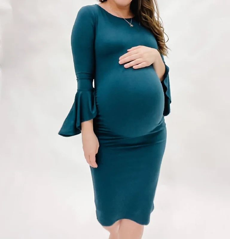 Women's maternity dress organic -Bell Sleeve Bodycon Maternity Dress In Evergreen