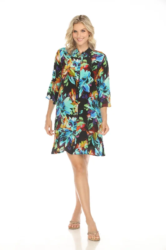 Women's shirt dress subtle collar -Johnny Was Workshop Floral Silk Shirt Dress W092424 Boho Chic