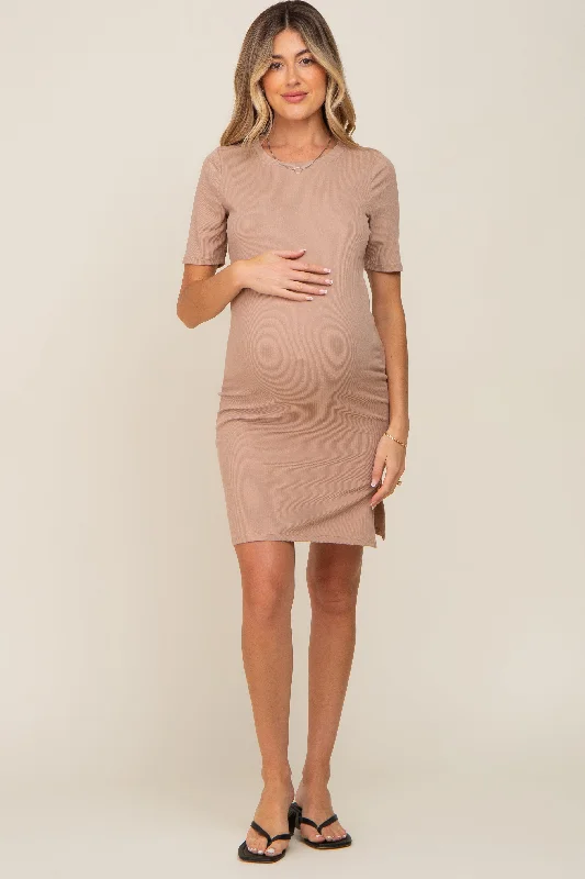 Women's maternity dress first trimester -Taupe Ribbed Basic Short Sleeve Maternity Dress