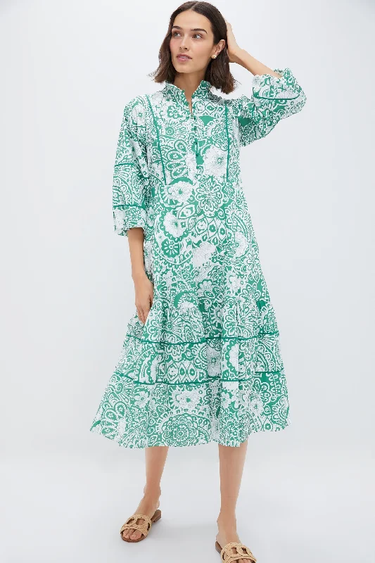 Women's midi dress long sleeve -Green and White Floral Hillsborough Midi Dress