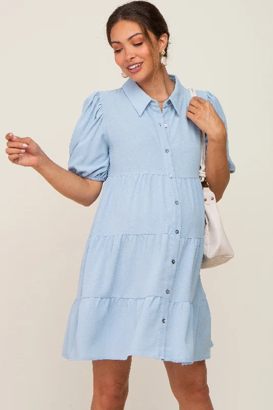 Women's maternity dress checkered -Light Blue Collared Button Front Tiered Maternity Dress