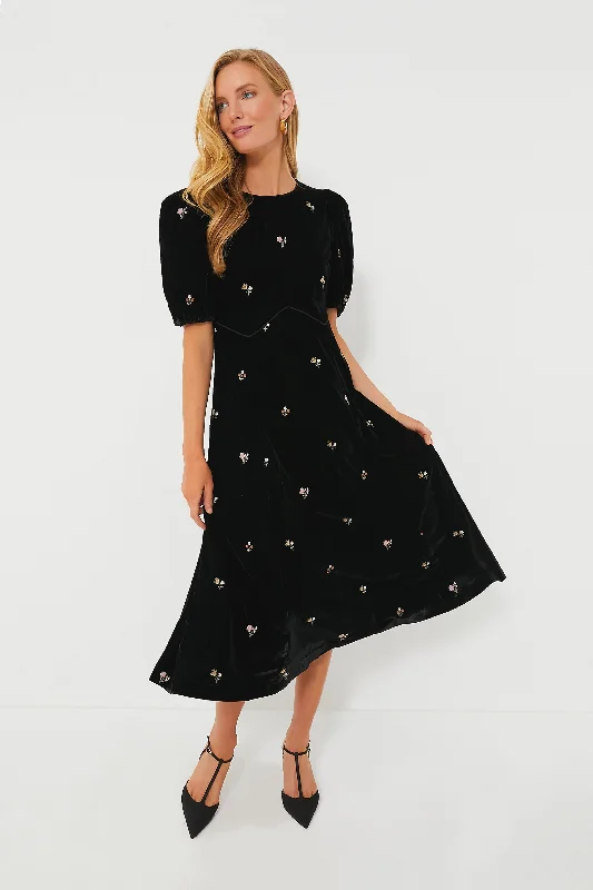 Women's midi dress empire waist -Black Rubina Embroidery Puff Sleeve Midi Dress