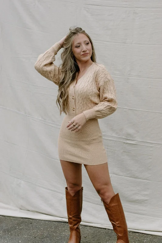 Ladies mini dress soft -Sand Knit Sweater Mini Dress