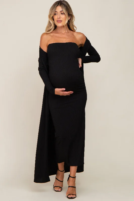 Women's maternity dress heavy cotton -Black Ribbed Sleeveless Dress Cardigan Maternity Set