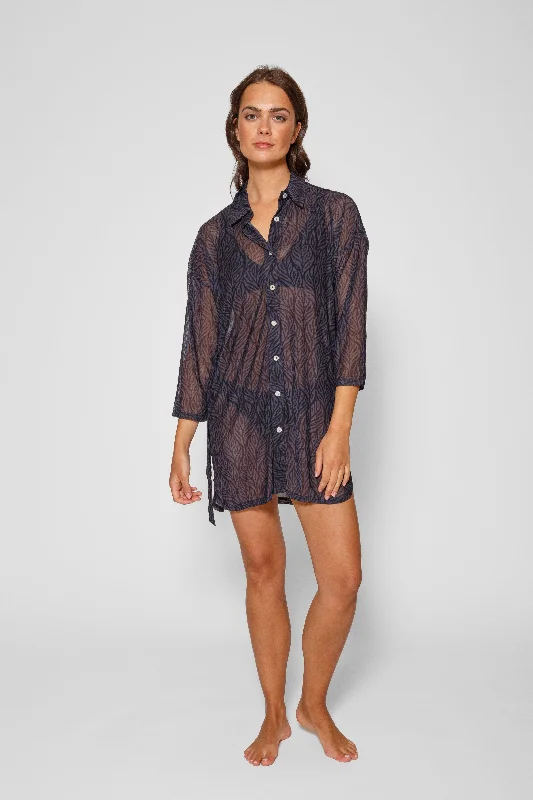 Women's shirt dress casual check -Seascape Mesh Button Up Shirt Dress