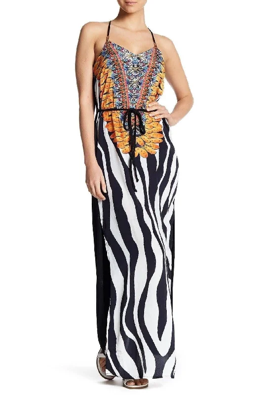 Ladies maxi dress resort -Women's Fashion Printed T Back Maxi Dress with Front Pockets |