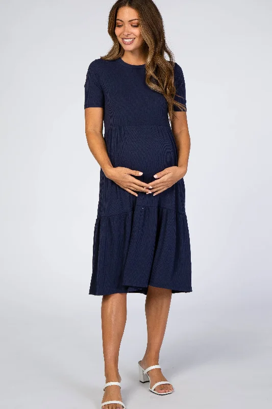 Women's maternity dress soft -Navy Blue Ribbed Tiered Maternity Dress