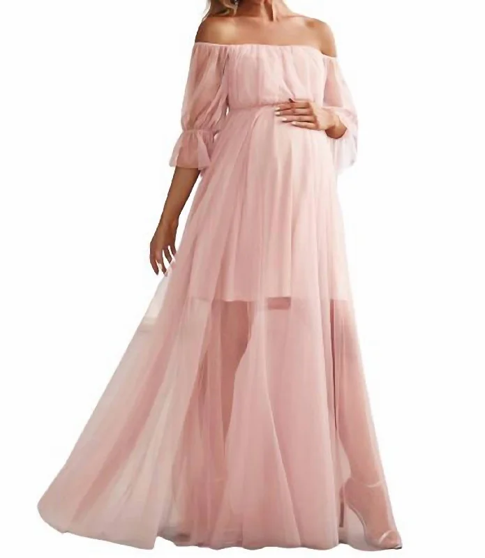 Women's maternity dress non stretch -A Line Puff Sleeves Mesh Maternity Dress In Pink