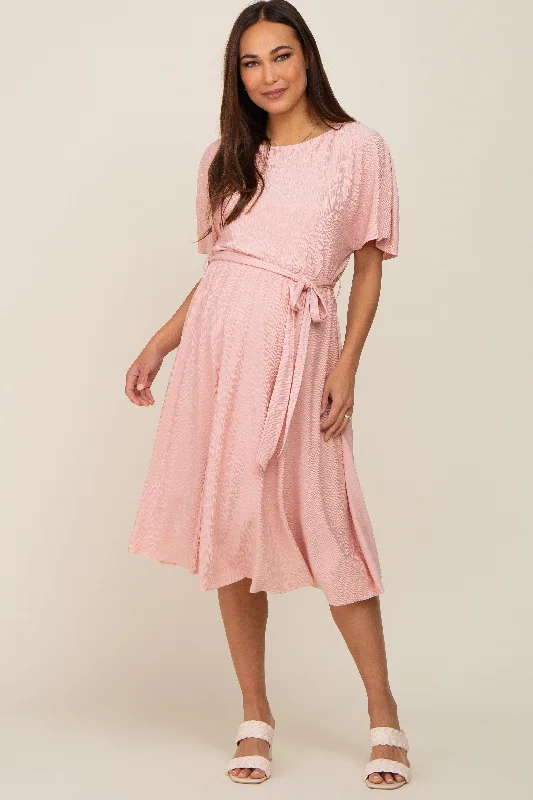 Women's maternity dress online -Pink Crinkle Knit Tie Waist Short Sleeve Maternity Dress