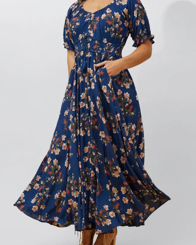 Ladies maxi dress premiere -Carla Maxi Dress Floral Puff Short Sleeves | Navy