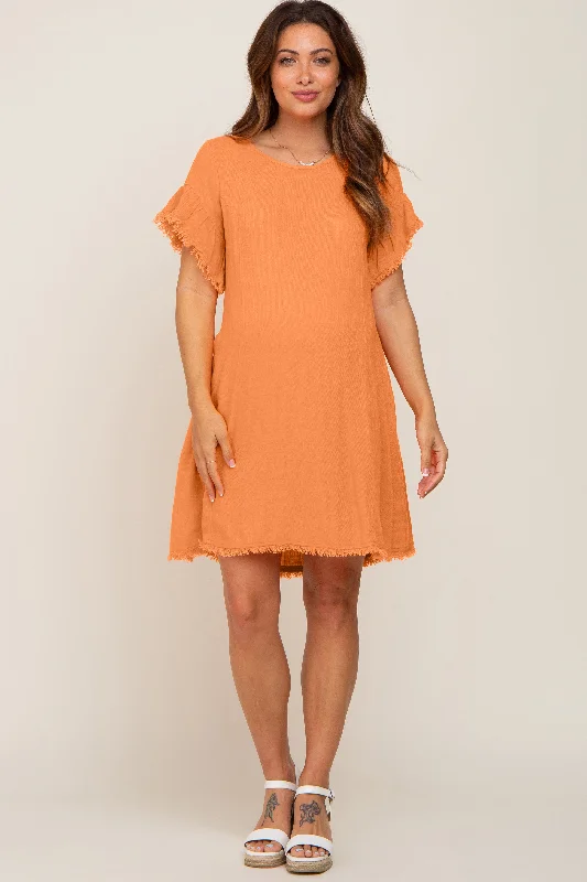 Women's maternity dress tie front -Orange Frayed Trim Back Keyhole Linen Maternity Dress