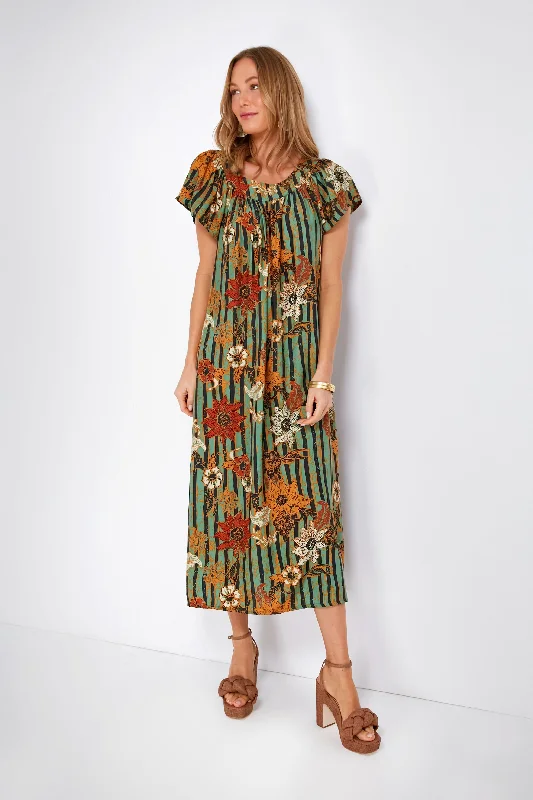 Women's midi dress vacation -Green Sunflower Stripe Print Moss Sienna Midi Dress