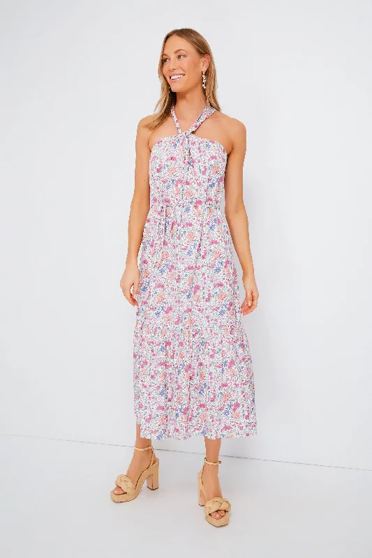 Women's midi dress office -Pink Halter Neck Floral Medouie Midi Dress