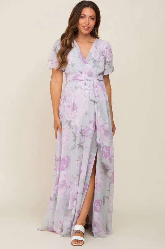 Women's maternity dress sale -Lavender Floral Chiffon V-Neck Front Slit Short Sleeve Maternity Dress