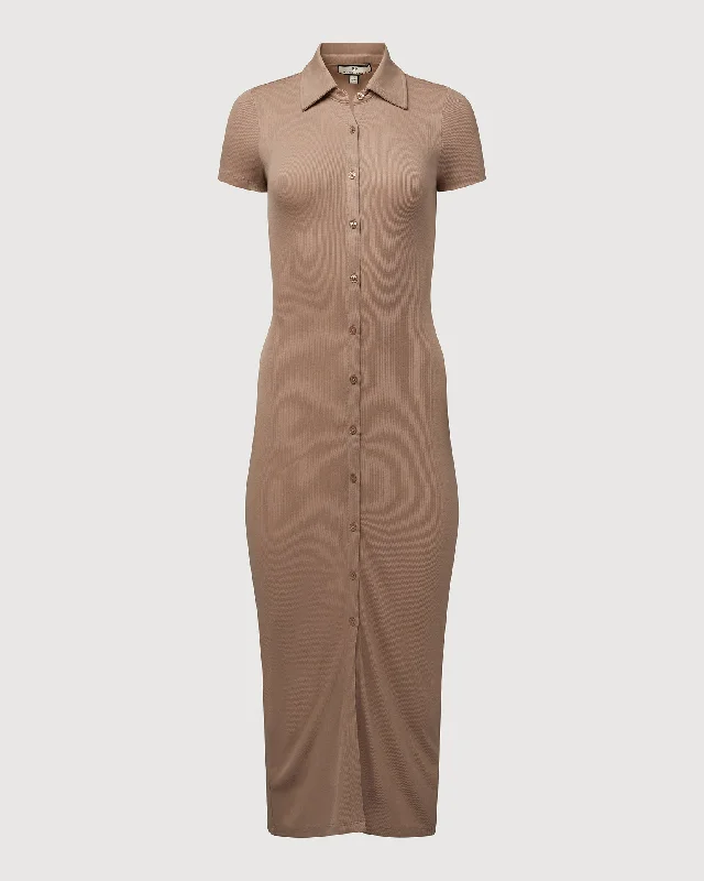 Women's midi dress prom -Rachel Parcell | Short Sleeve Button Down Midi Dress | Muted Brown