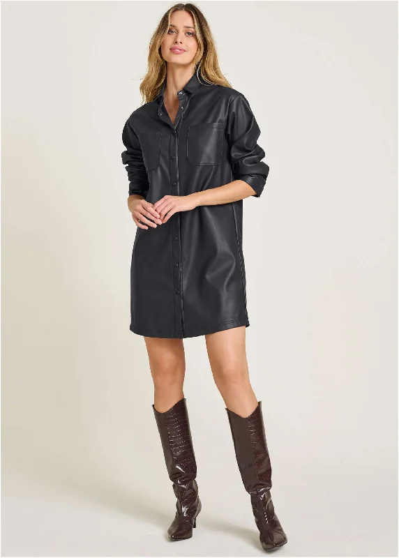 Women's shirt dress breathable plaid -Faux Leather Shirt Dress - Black