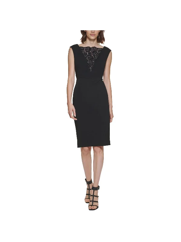 Ladies party dress evening -Petites Womens Knit Lace Inset Cocktail and Party Dress