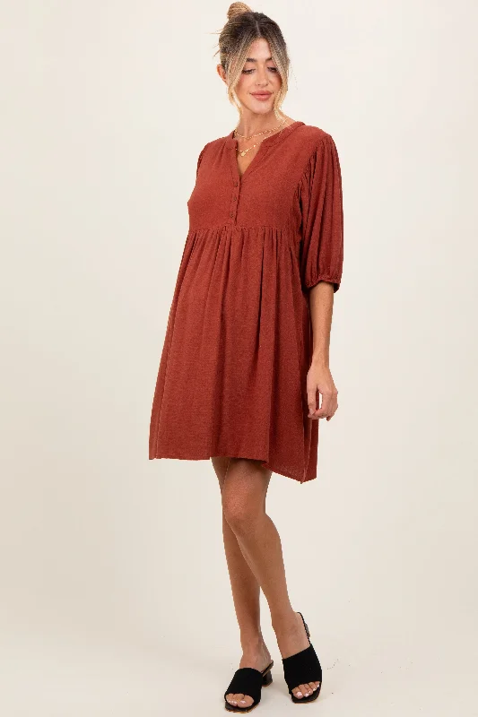 Women's maternity dress vintage style -Rust Button Up Split Neck Maternity Dress