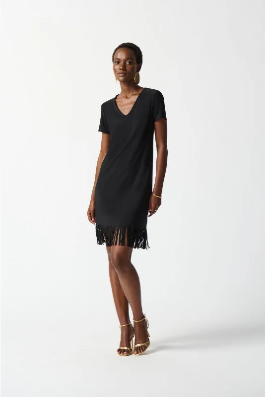 Women's shirt dress summer comfort -Joseph Ribkoff Black Fringe Hem V-Neck Short Sleeve T-Shirt Dress 242113