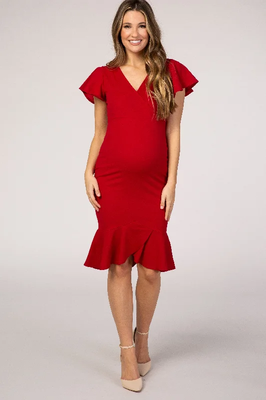 Women's maternity dress boho -PinkBlush Red Ruffle Accent Fitted Maternity Wrap Dress