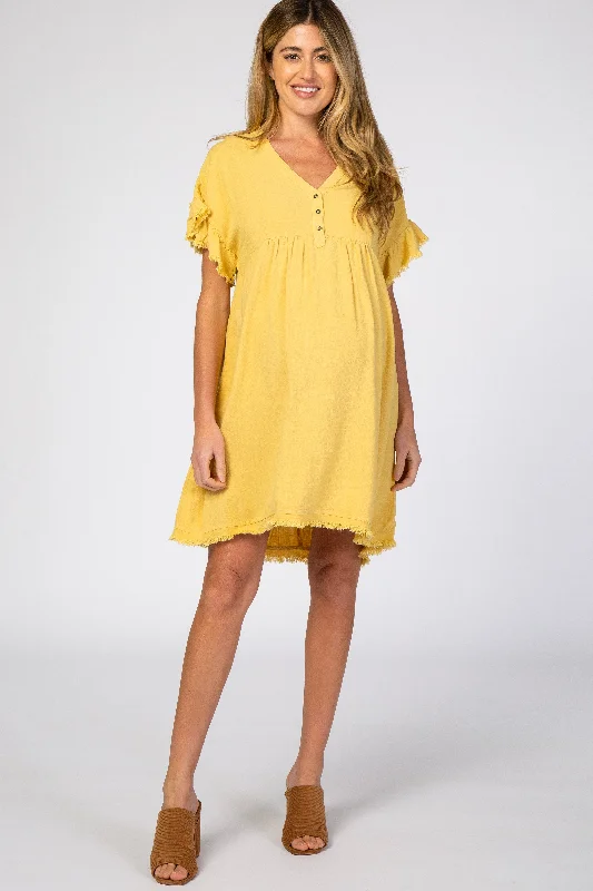 Women's maternity dress keyhole -Yellow Linen Fringe Trim Babydoll Maternity Dress