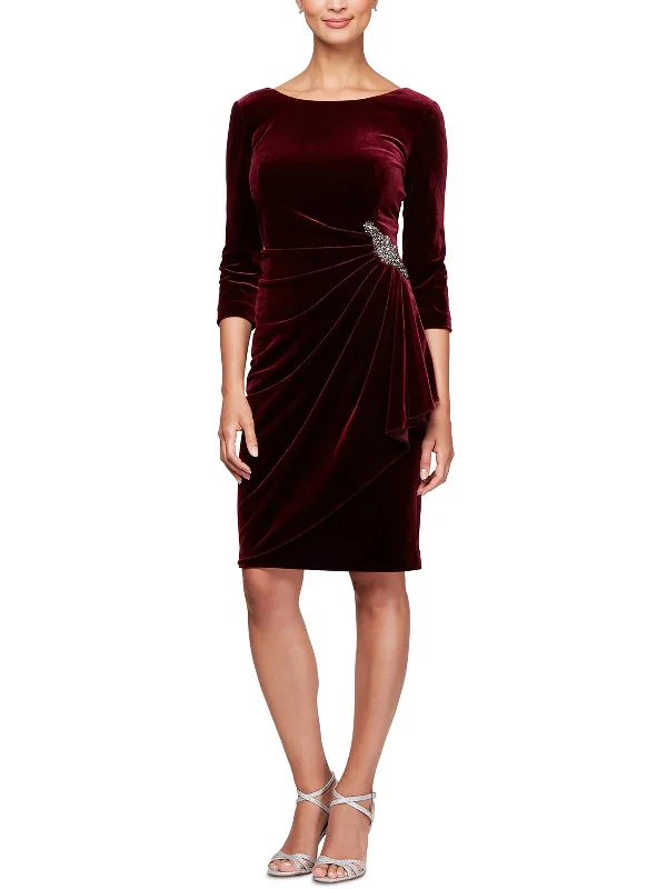 Ladies party dress red -Petites Womens Velvet Pleated Cocktail and Party Dress