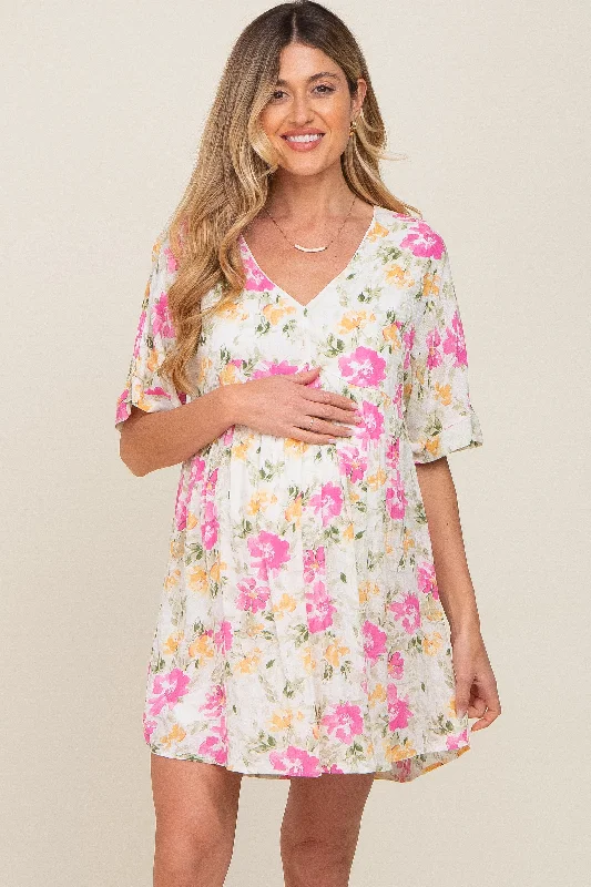 Women's maternity dress tie dye -White Floral Babydoll Maternity Dress