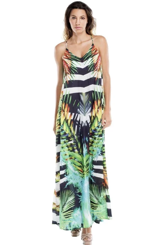 Ladies maxi dress summery -Women's  Fashion Maxi dresses in Animal Print | T-Back Maxi Dress With Front Pockets