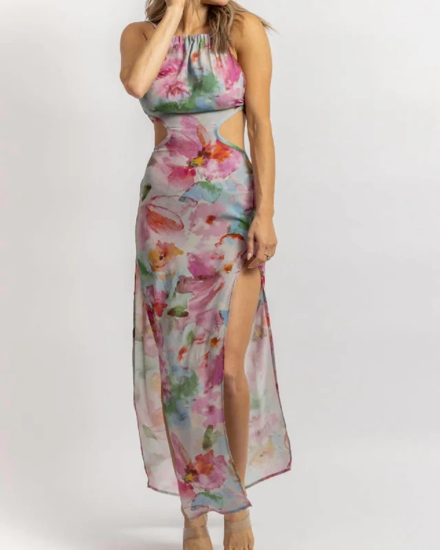 Ladies maxi dress smooth -Floral Open Back Maxi Dress In Grey + Fuchsia | Grey + Fuchsia