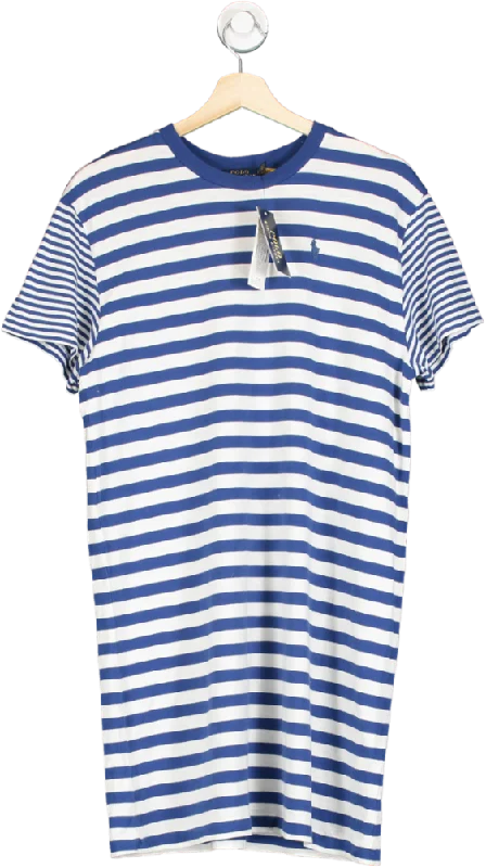 Women's shirt dress casual elegance -Polo Ralph Lauren Blue Striped Embroidered Polo Pony Logo T-Shirt Dress UK S