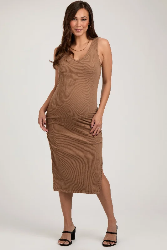 Women's maternity dress mini -Mocha Ruched V-Neck Maternity Fitted Dress