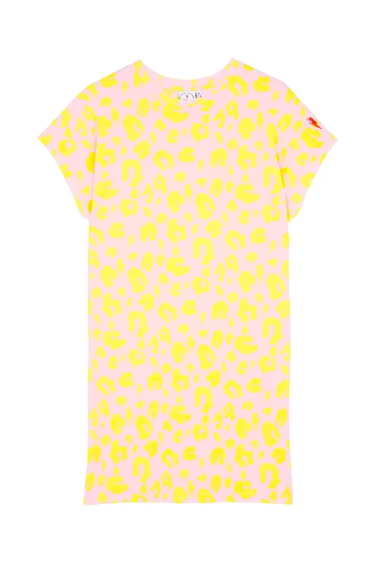 Women's shirt dress side tie -Blush with Yellow Leopard T-Shirt Dress