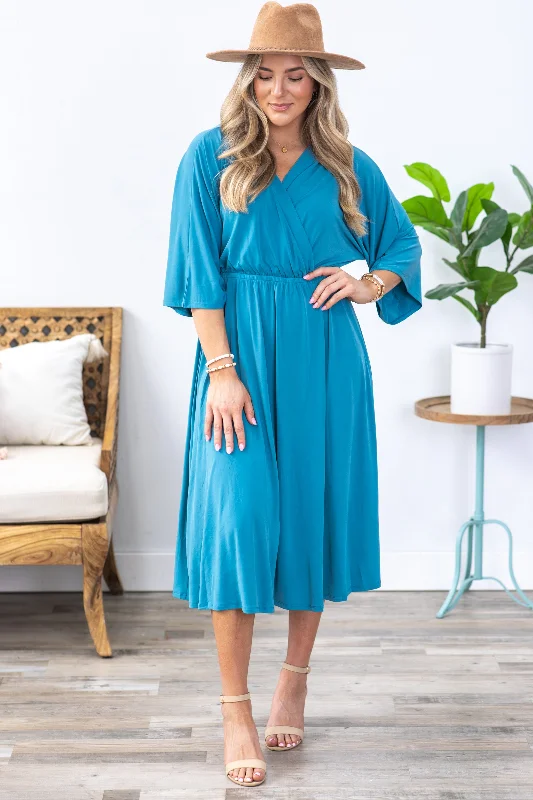 Women's midi dress 80s style -Dusty Teal Surplice Midi Dress