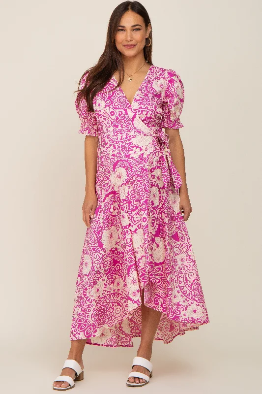 Women's maternity dress clearance -Magenta Floral Paisley Wrap Maternity Dress