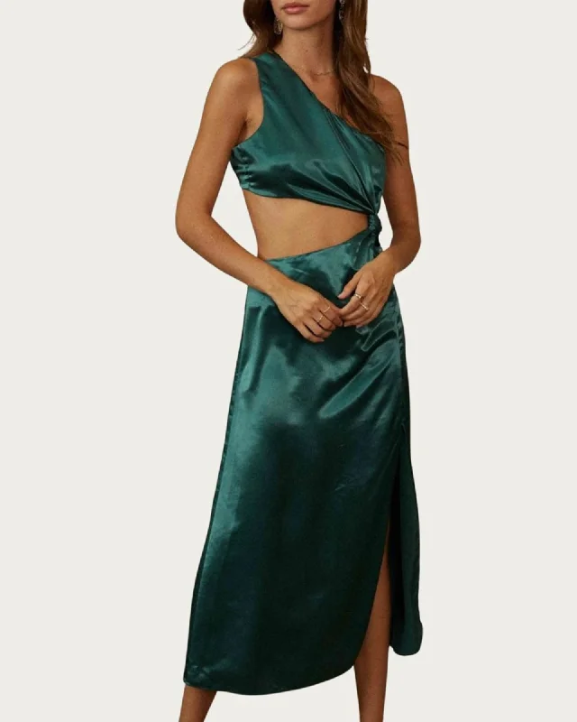 Women's midi dress windproof -One-Shoulder Satin Cutout Midi Dress In Jewel Green | Jewel Green