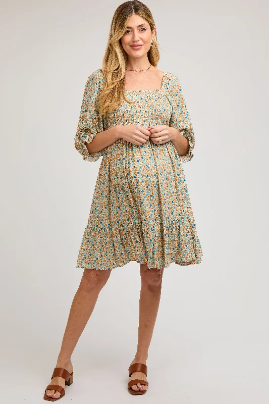 Women's maternity dress boho -Taupe Floral Smocked Maternity Dress