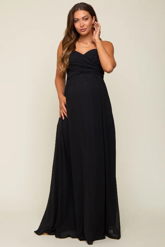 Women's maternity dress belted -Black Sweetheart Convertible Chiffon Maternity Gown