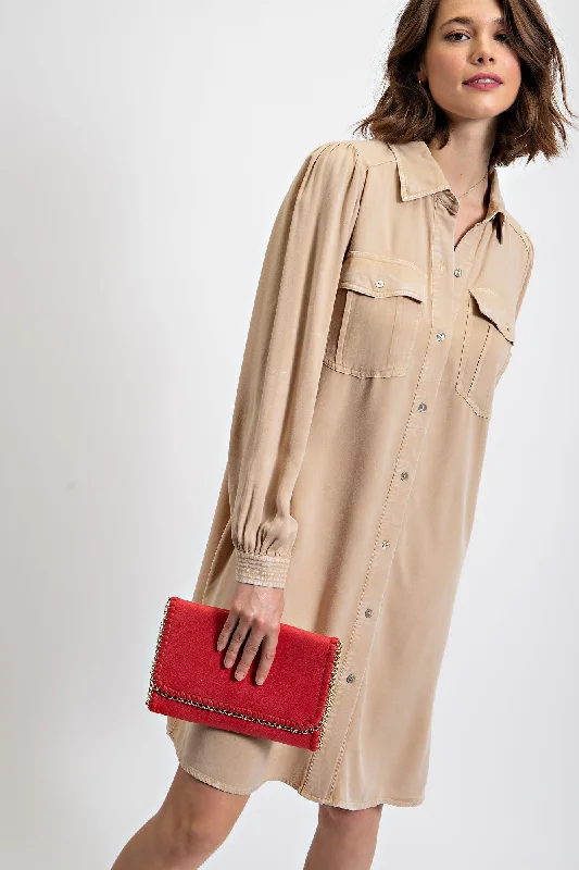 Women's shirt dress breathable linen -Beige Vintage Wash Shirt Dress