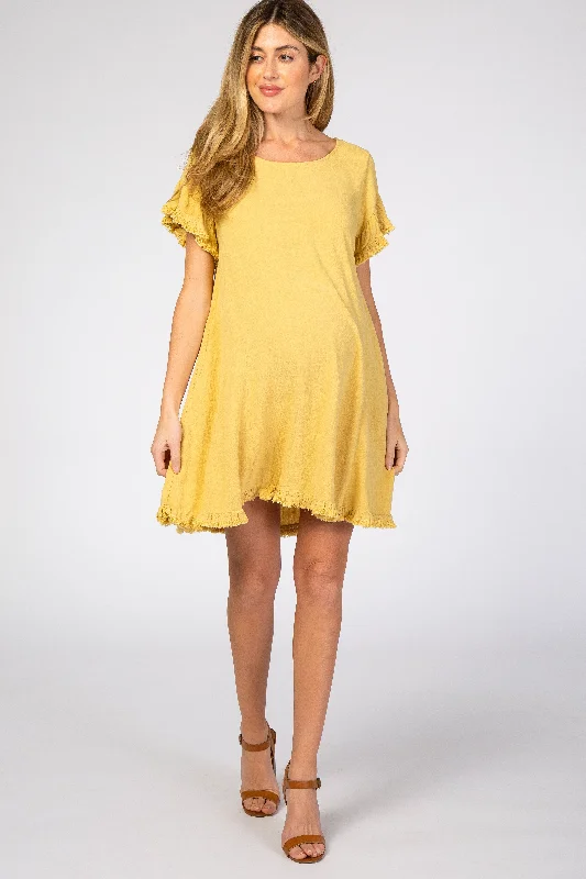 Women's maternity dress family gathering -Yellow Fringe Linen Maternity Dress