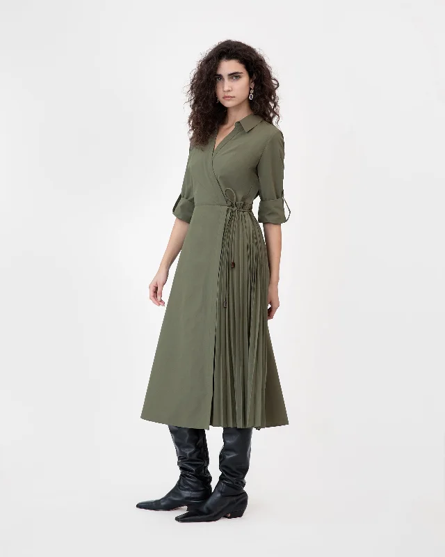 Women's midi dress tie front -Long Sleeve Midi Shivon Dress