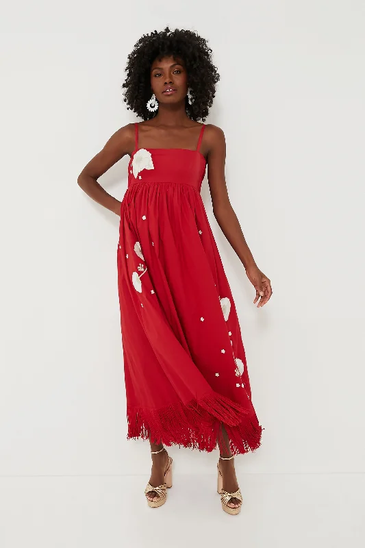 Women's midi dress pleated -Venetian Red with Embroidery Gavin Midi Dress