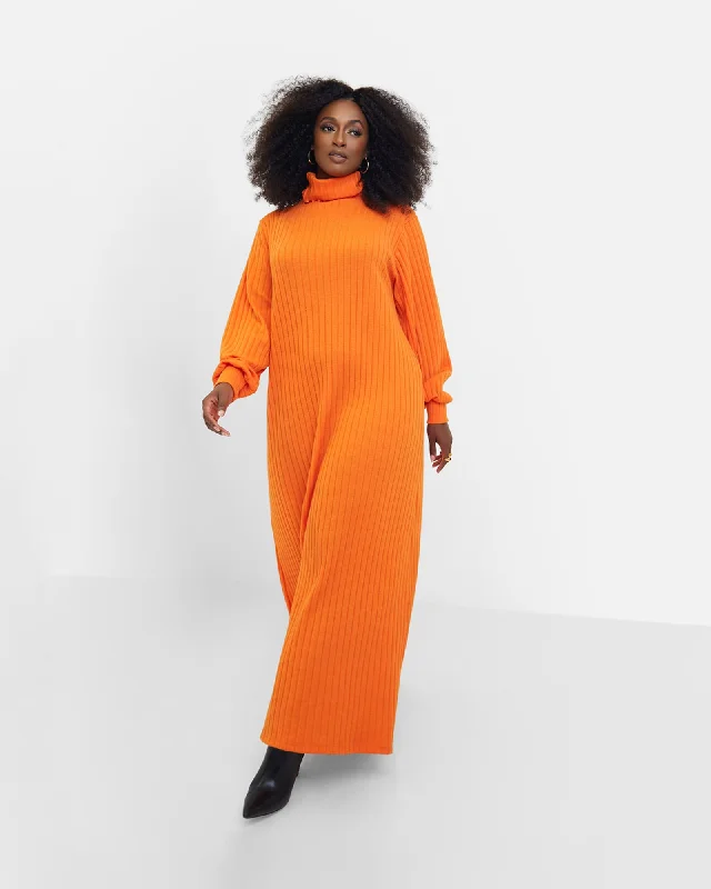 Ladies maxi dress bold -Saylor Ribbed Turtleneck Oversized Maxi Dress | Orange