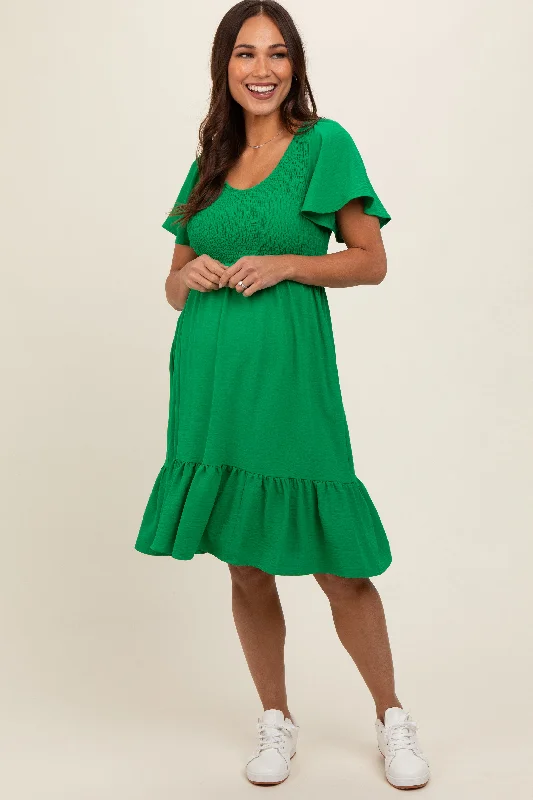 Women's maternity dress family gathering -Green Smocked Ruffle Hem Maternity Dress