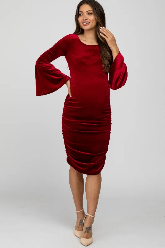 Women's maternity dress polka dot print -Red Velvet Ruched Bell Sleeve Maternity Dress