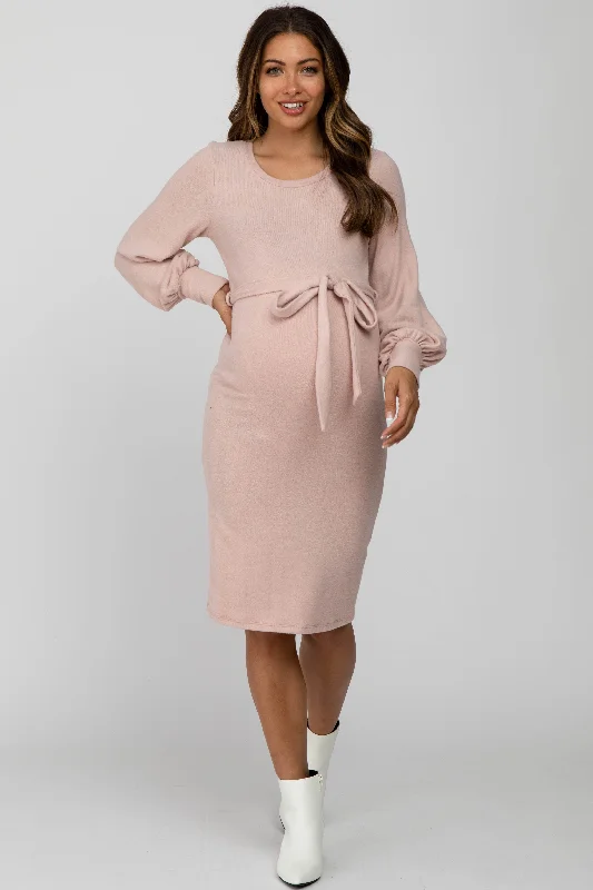 Women's maternity dress muted -Pink Soft Brushed Waist Tie Bubble Sleeve Maternity Dress