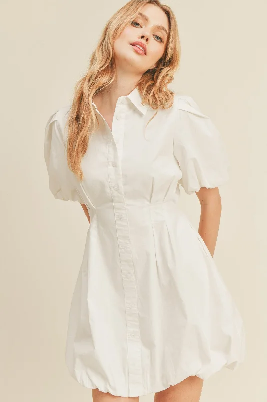 Women's shirt dress summer picnic -White Bubble Hem Shirt Dress