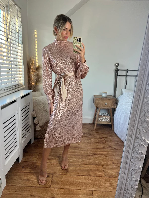 Women's midi dress knitted -Roxi Sequin Midi Dress / Rose Gold