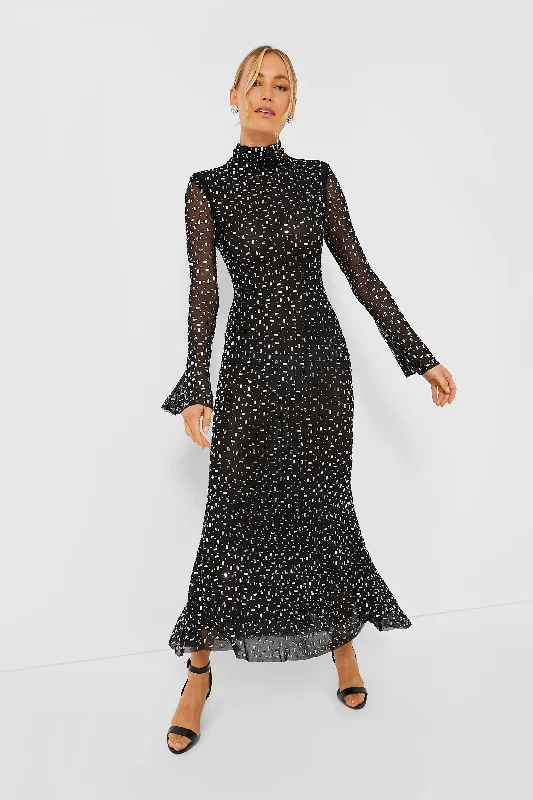 Women's midi dress tomboy -Black Square Rhinestone Mesh Midi Dress